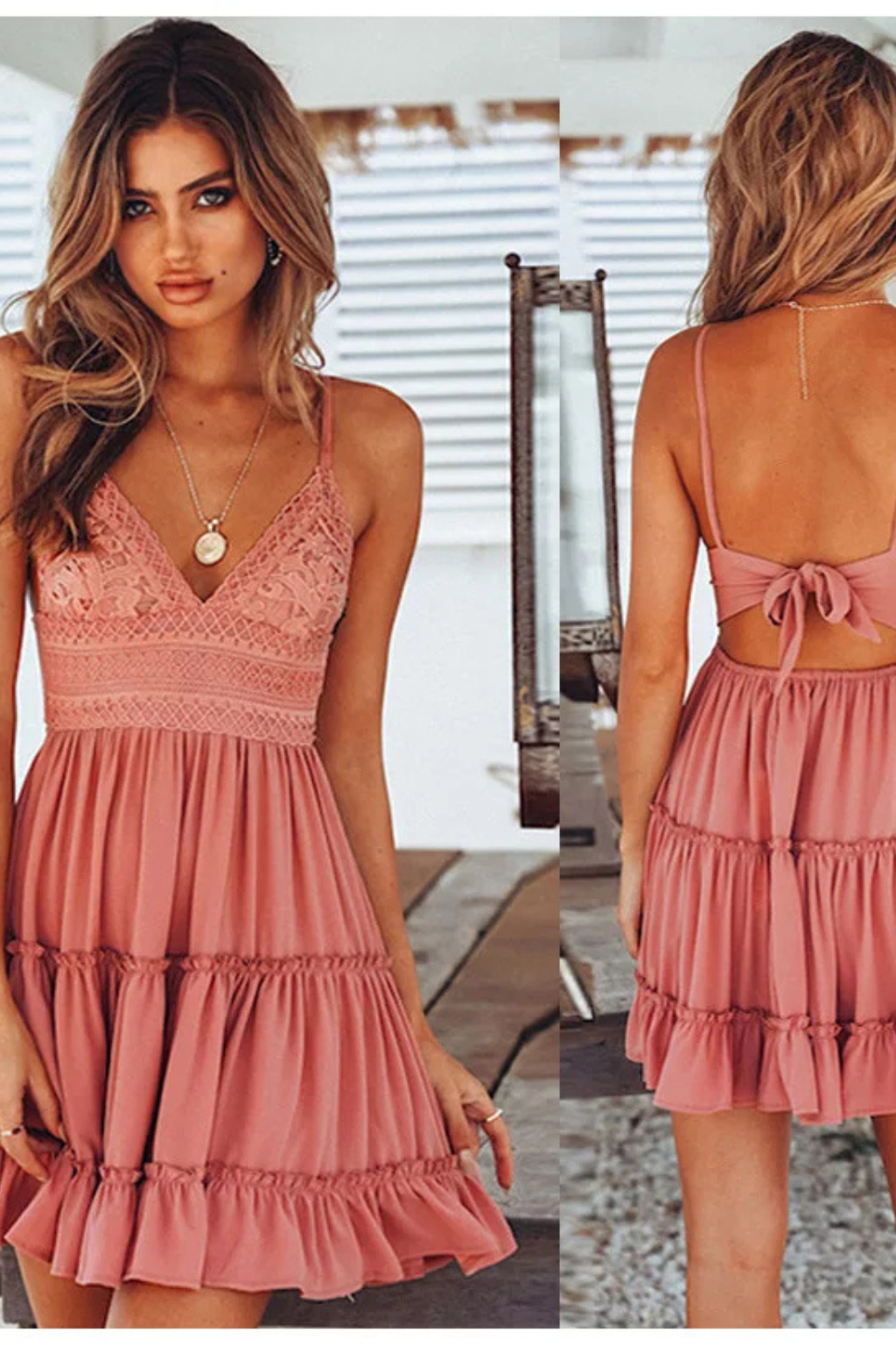 Lace Bodice Mini Dress Open Back Spaghetti Strap Freja - Women's Dress