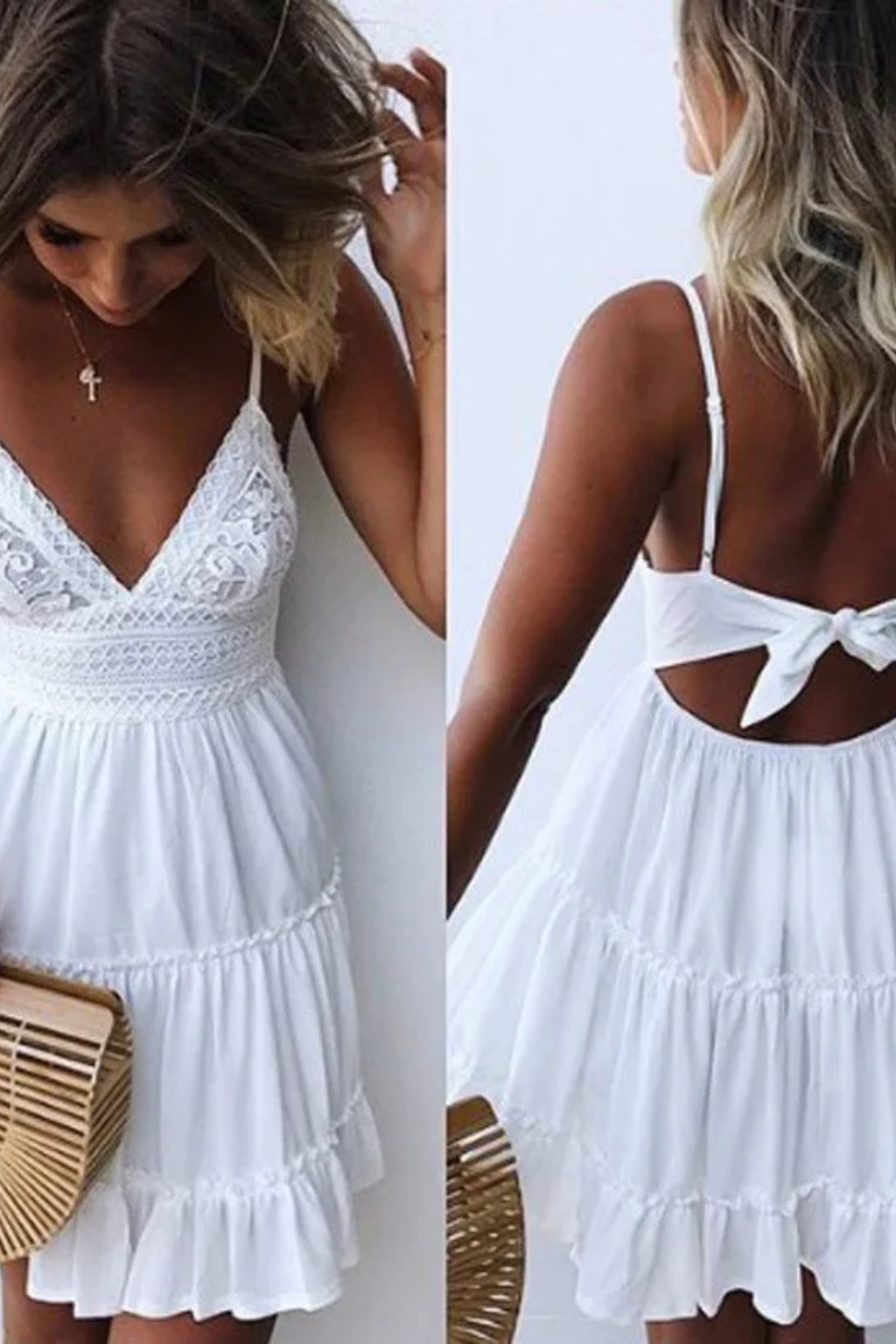 Lace Bodice Mini Dress Open Back Spaghetti Strap Freja - Women's Dress