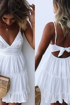Lace Bodice Mini Dress Open Back Spaghetti Strap Freja - Women's Dress