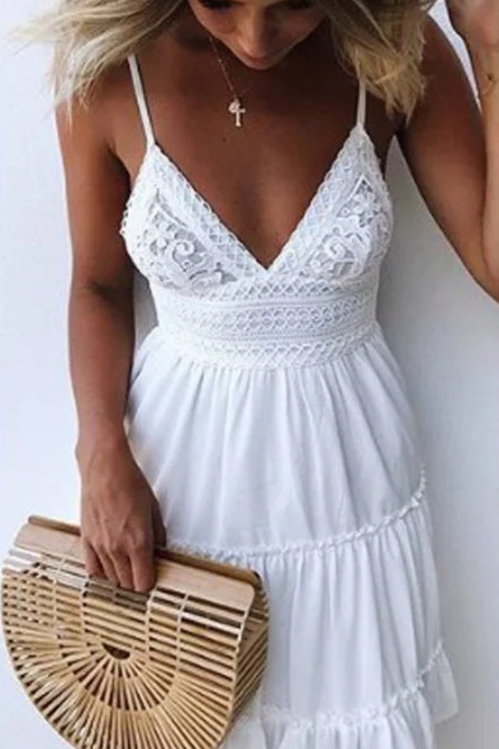 Lace Bodice Mini Dress Open Back Spaghetti Strap Freja - Women's Dress