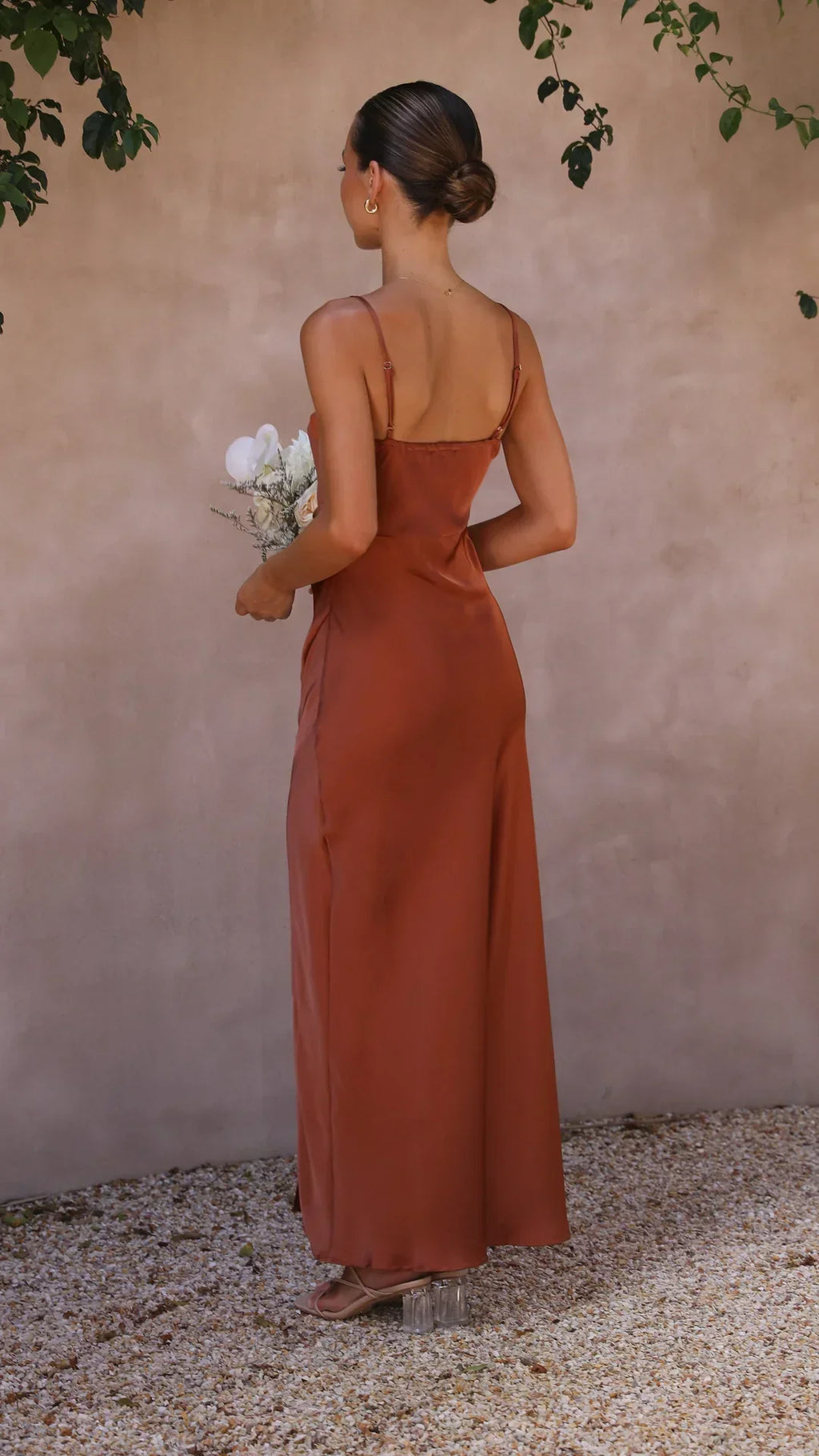 Satin Slip Maxi Dress Side Split Spaghetti Strap Serena - Women's Dress