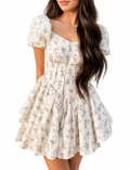 Floral Corset Mini Dress Puff Sleeve Sweetheart Neck Celia