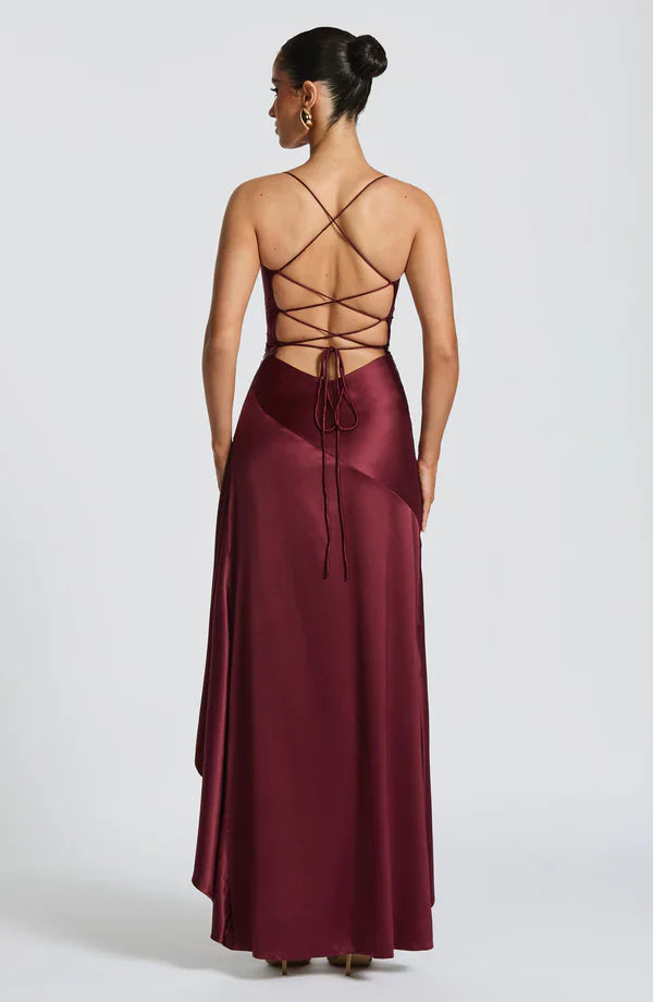Cowl Neck Maxi Dress Open Back Thigh Split Samira - Women's Dress