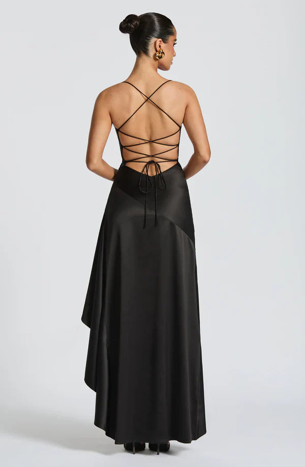 Cowl Neck Maxi Dress Open Back Thigh Split Samira - Women's Dress