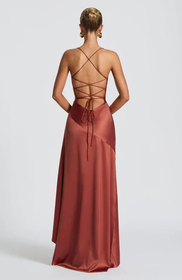 Cowl Neck Maxi Dress Open Back Thigh Split Samira - Women's Dress