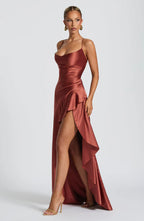 Cowl Neck Maxi Dress Open Back Thigh Split Samira - Women's Dress