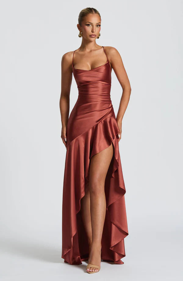 Cowl Neck Maxi Dress Open Back Thigh Split Samira - Women's Dress