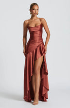 Cowl Neck Maxi Dress Open Back Thigh Split Samira - Women's Dress