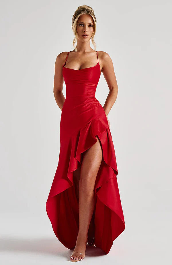Cowl Neck Maxi Dress Open Back Thigh Split Samira - Women's Dress