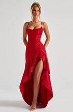 Cowl Neck Maxi Dress Open Back Thigh Split Samira - Women's Dress