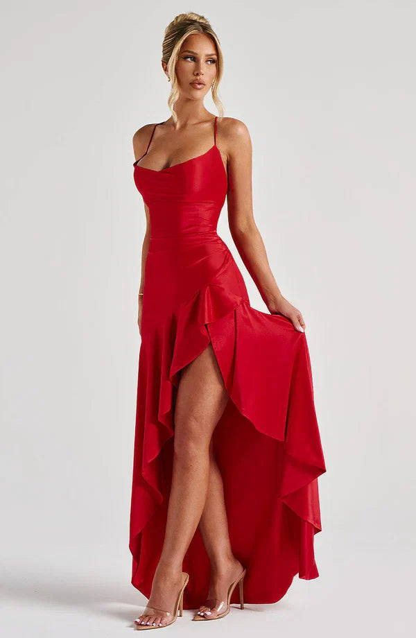 Cowl Neck Maxi Dress Open Back Thigh Split Samira - Women's Dress
