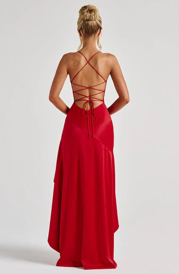 Cowl Neck Maxi Dress Open Back Thigh Split Samira - Women's Dress