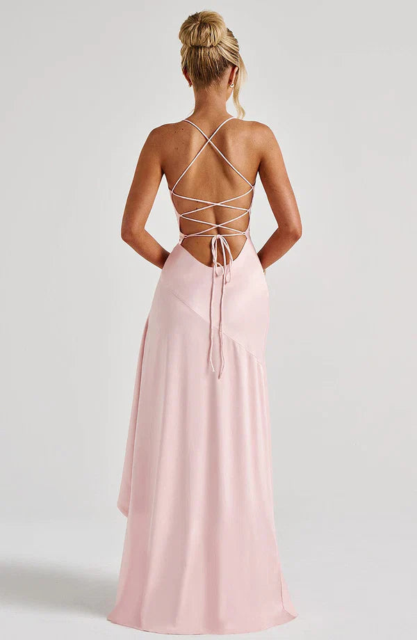 Cowl Neck Maxi Dress Open Back Thigh Split Samira - Women's Dress