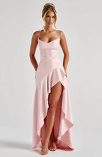 Cowl Neck Maxi Dress Open Back Thigh Split Samira - Women's Dress