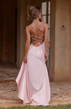 Cowl Neck Maxi Dress Open Back Thigh Split Samira - Women's Dress