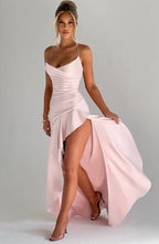 Cowl Neck Maxi Dress Open Back Thigh Split Samira - Women's Dress