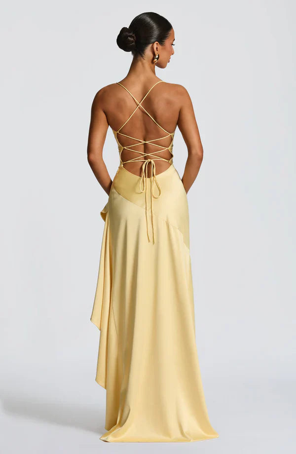 Cowl Neck Maxi Dress Open Back Thigh Split Samira - Women's Dress
