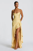 Cowl Neck Maxi Dress Open Back Thigh Split Samira - Women's Dress