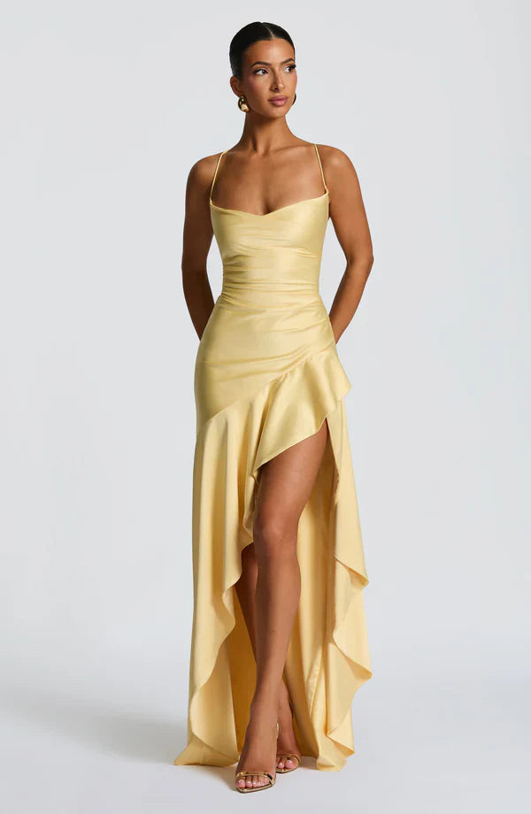 Cowl Neck Maxi Dress Open Back Thigh Split Samira - Women's Dress