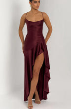 Cowl Neck Maxi Dress Open Back Thigh Split Samira - Women's Dress