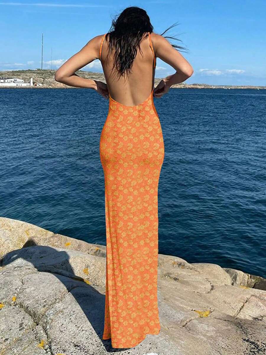 Floral Slip Maxi Dress Scooped Back Spaghetti Strap Monica - Women's Dress