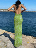 Floral Slip Maxi Dress Scooped Back Spaghetti Strap Monica - Women's Dress