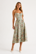 Floral Corset Midi Dress Gathered Skirt Spaghetti Strap Odette - Women's Dress