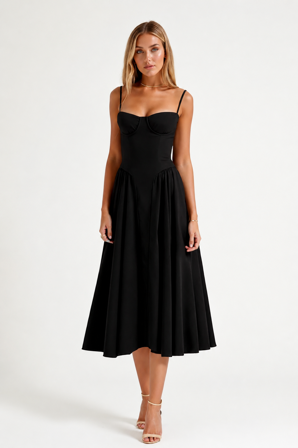 Floral Corset Midi Dress Gathered Skirt Spaghetti Strap Odette - Women's Dress