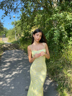 Floral Slip Maxi Dress Scooped Back Spaghetti Strap Monica - Women's Dress