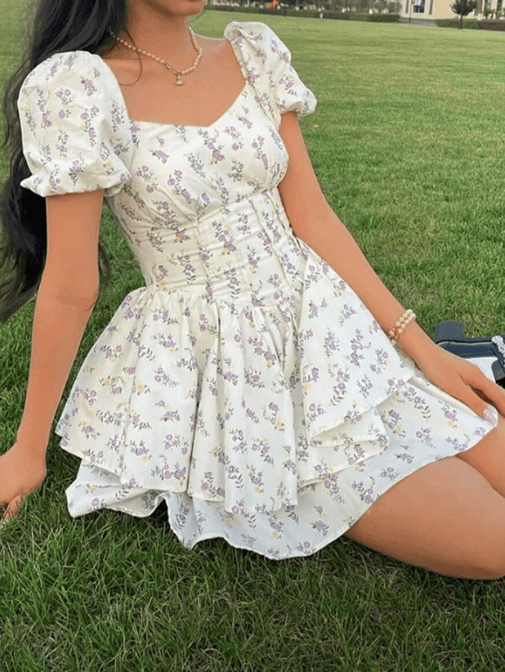 Floral Corset Mini Dress Puff Sleeve Sweetheart Neck Celia - Women's Dress