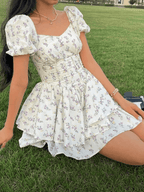 Floral Corset Mini Dress Puff Sleeve Sweetheart Neck Celia - Women's Dress