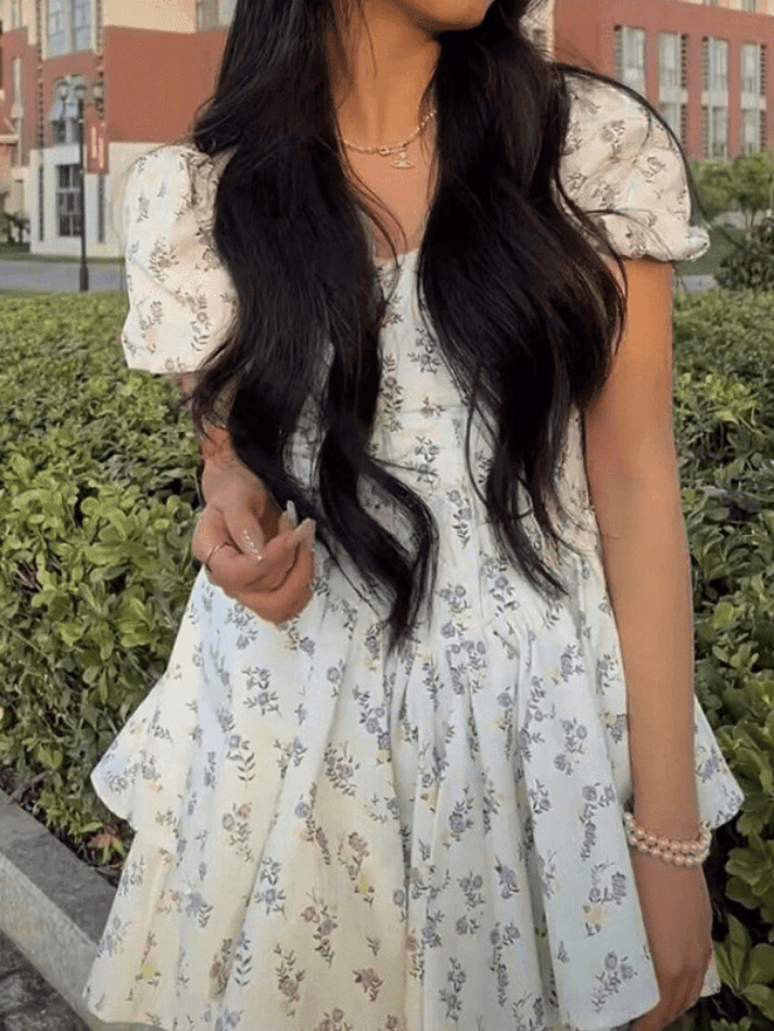 Floral Corset Mini Dress Puff Sleeve Sweetheart Neck Celia - Women's Dress