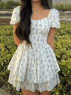 Floral Corset Mini Dress Puff Sleeve Sweetheart Neck Celia - Women's Dress