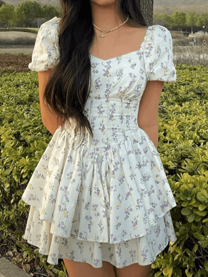 Floral Corset Mini Dress Puff Sleeve Sweetheart Neck Celia - Women's Dress