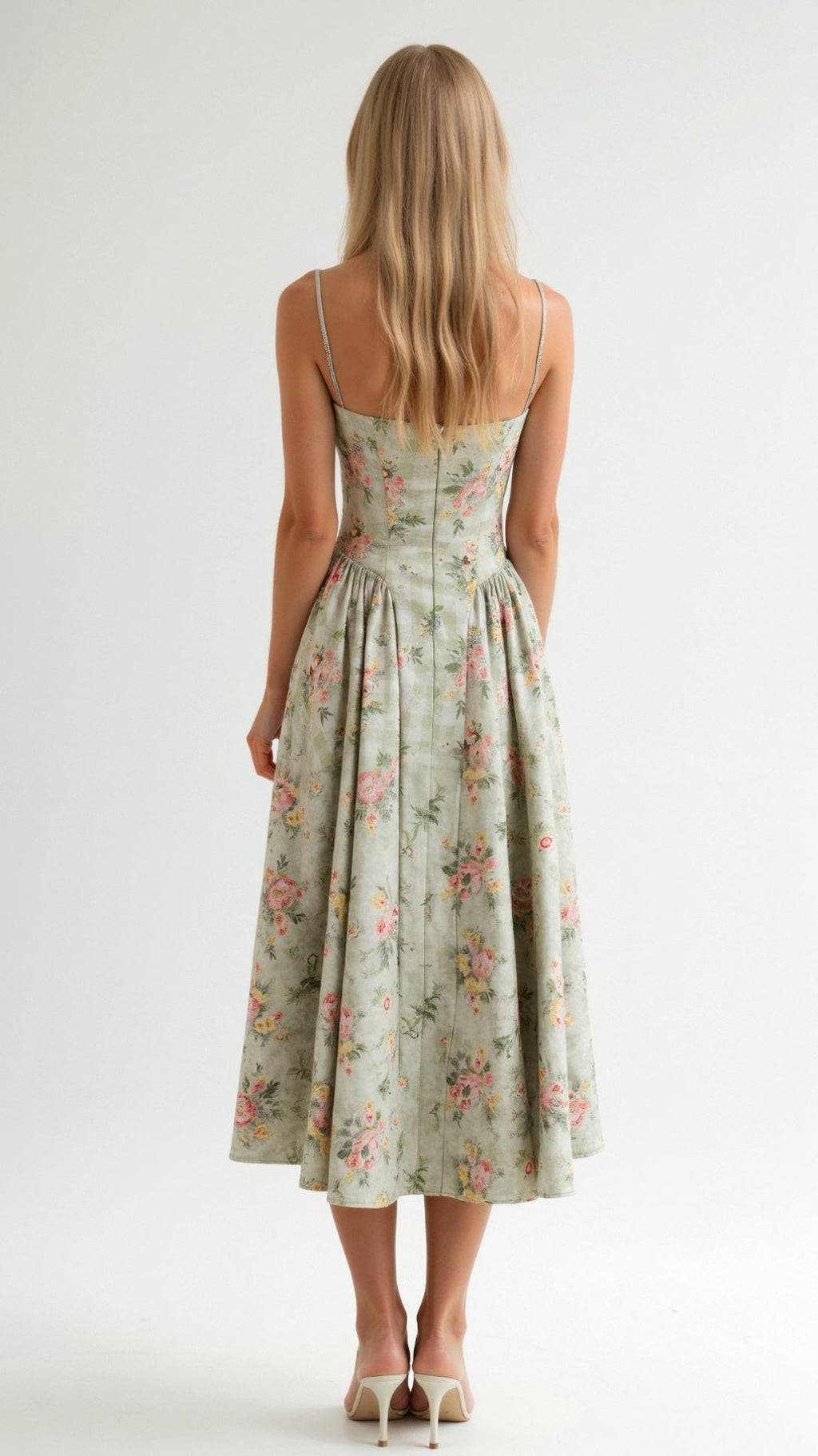 Floral Corset Midi Dress Gathered Skirt Spaghetti Strap Odette - Women's Dress