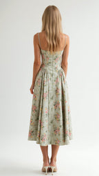 Floral Corset Midi Dress Gathered Skirt Spaghetti Strap Odette - Women's Dress