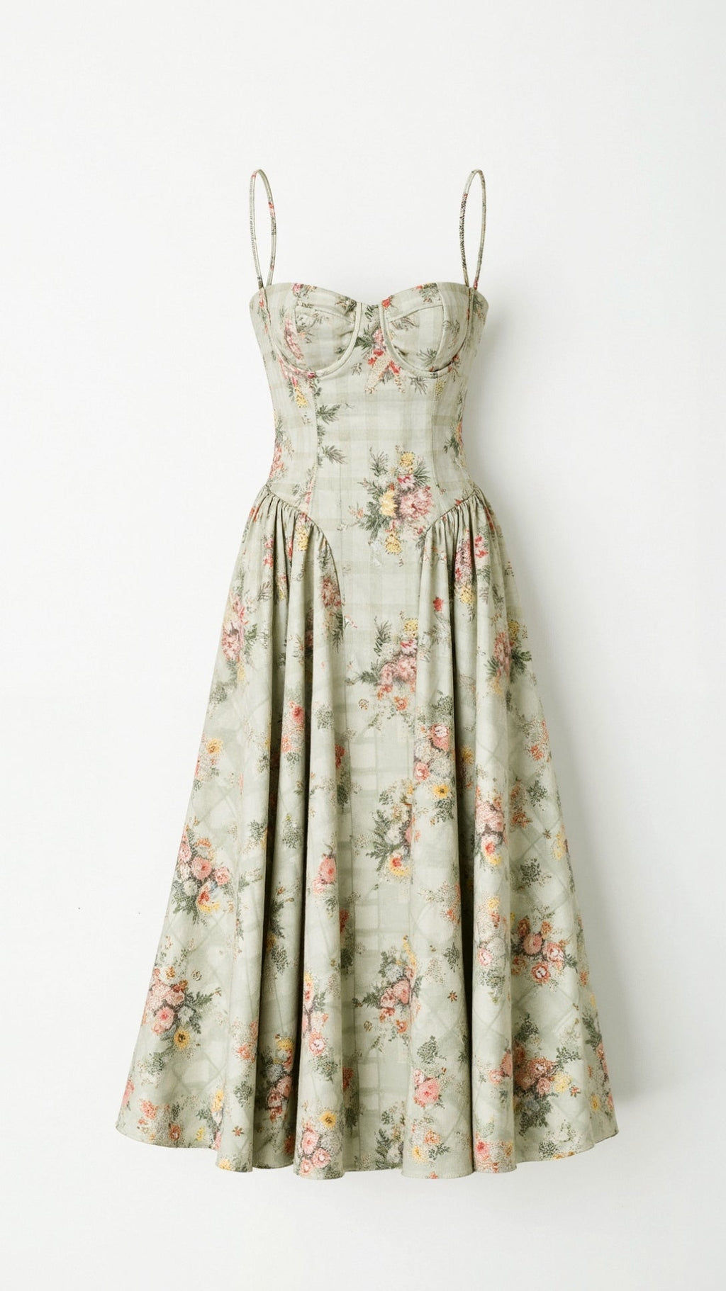 Floral Corset Midi Dress Gathered Skirt Spaghetti Strap Odette - Women's Dress