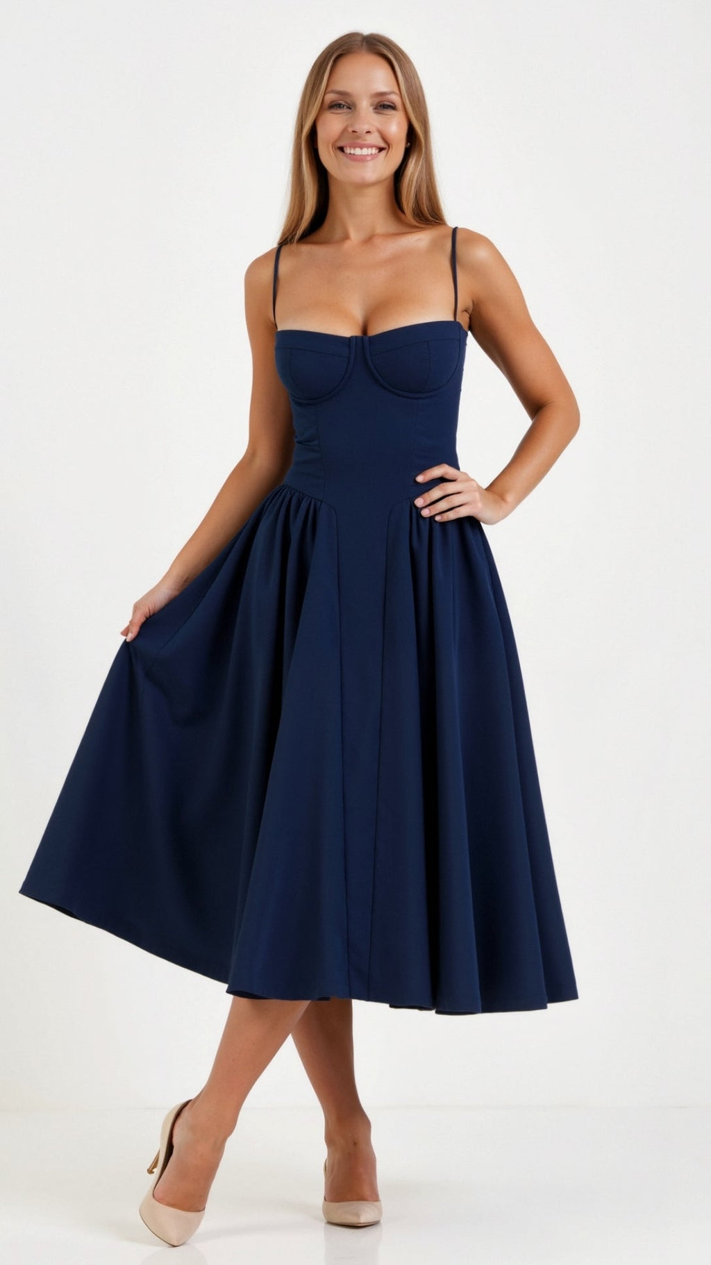 Floral Corset Midi Dress Gathered Skirt Spaghetti Strap Odette - Women's Dress