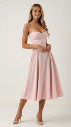 Floral Corset Midi Dress Gathered Skirt Spaghetti Strap Odette - Women's Dress