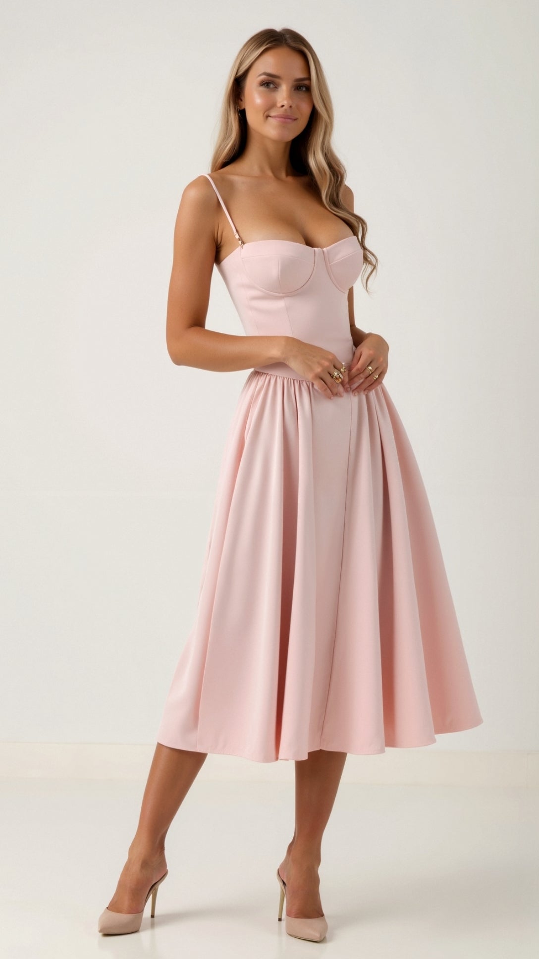 Floral Corset Midi Dress Gathered Skirt Spaghetti Strap Odette - Women's Dress