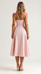 Floral Corset Midi Dress Gathered Skirt Spaghetti Strap Odette - Women's Dress