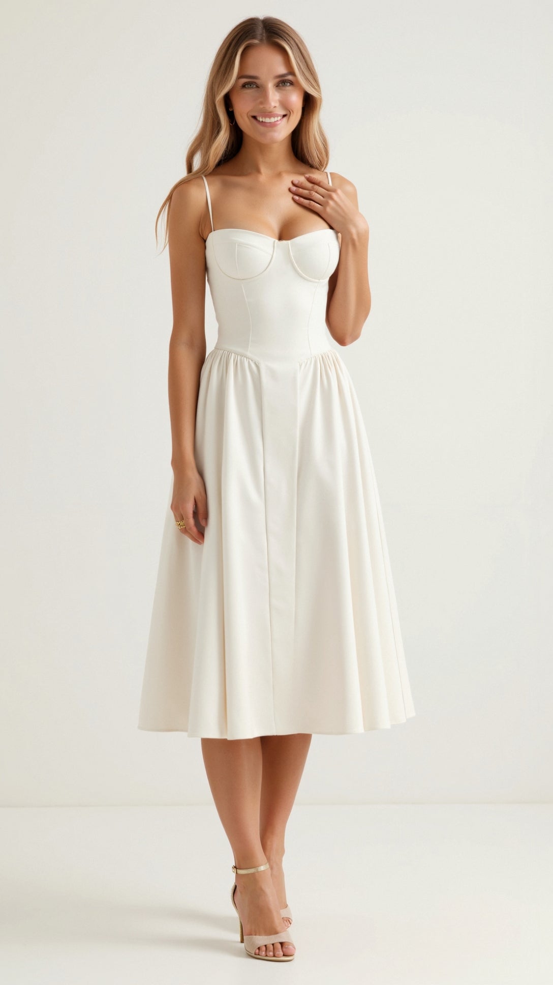 Floral Corset Midi Dress Gathered Skirt Spaghetti Strap Odette - Women's Dress