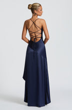 Cowl Neck Maxi Dress Open Back Thigh Split Samira - Women's Dress