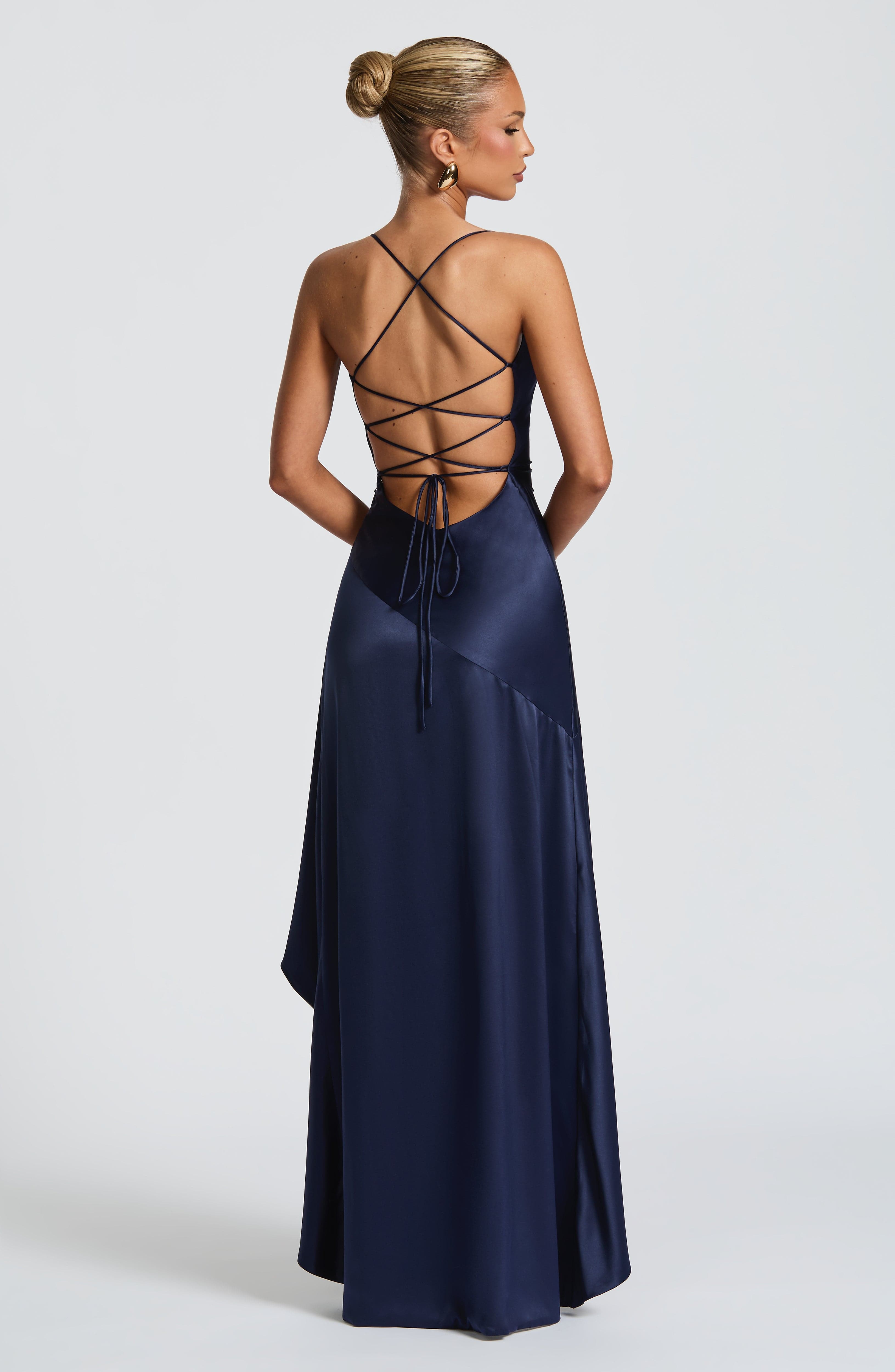 Cowl Neck Maxi Dress Open Back Thigh Split Samira - Women's Dress