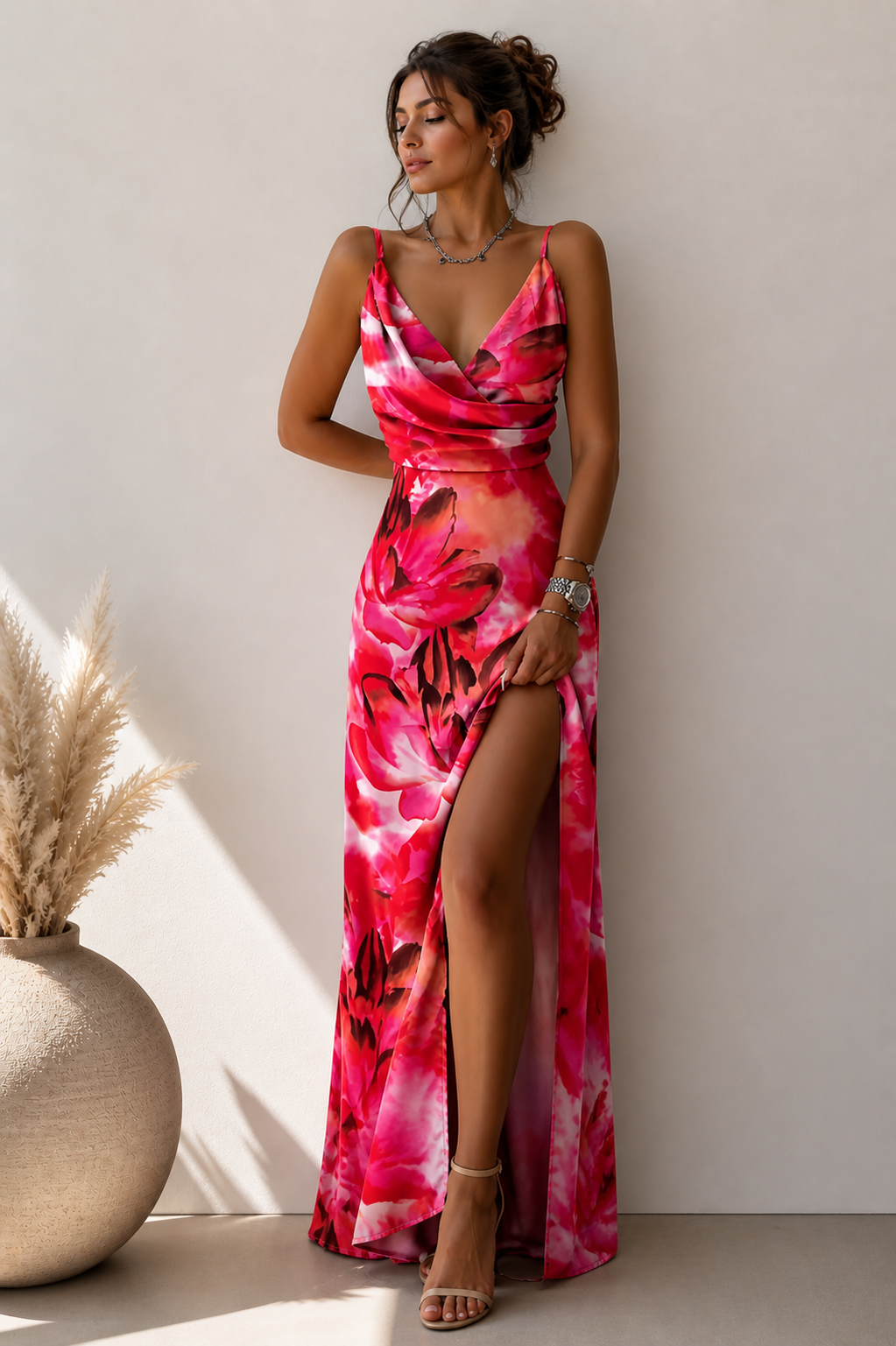 Spaghetti Strap Maxi Dress Side Slit Draped Front Lyra - Women's Dress