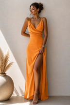 Spaghetti Strap Maxi Dress Side Slit Draped Front Lyra - Women's Dress