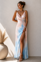 Spaghetti Strap Maxi Dress Side Slit Draped Front Lyra - Women's Dress