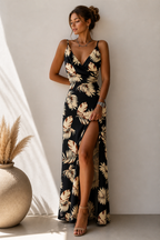 Spaghetti Strap Maxi Dress Side Slit Draped Front Lyra - Women's Dress