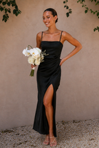 Satin Slip Maxi Dress Side Split Spaghetti Strap Serena - Women's Dress