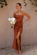 Satin Slip Maxi Dress Side Split Spaghetti Strap Serena - Women's Dress